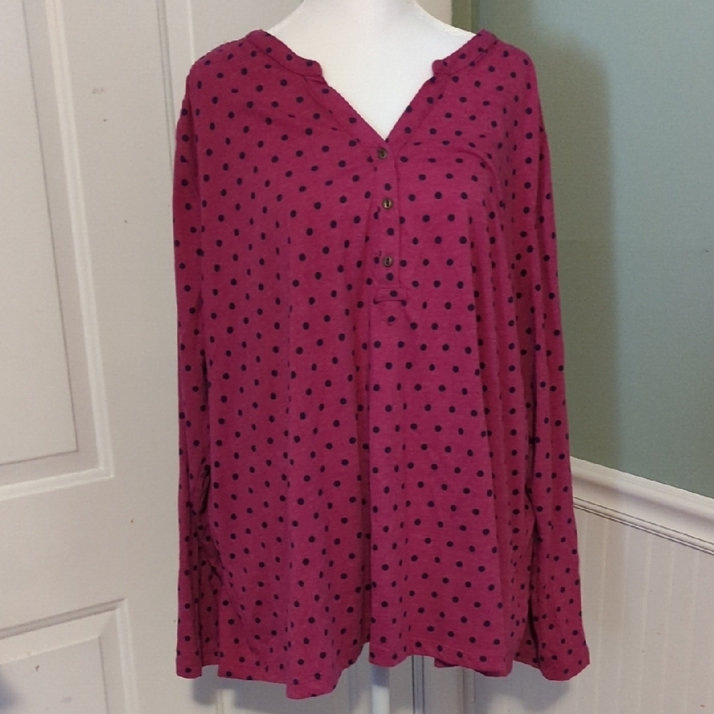 Basic Editions Magenta Black Polka Dot Top 2X